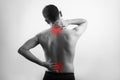 Neck pain, cervical spine and lumbar spine vertebra injury pain in male body, spinal cord injury or lower back pain