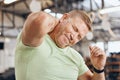 Neck pain, fitness and bodybuilder man in gym for training, workout and challenge exercise with medical risk. Injury Royalty Free Stock Photo