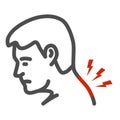 Neck pain line icon, Body pain concept, Man suffering from neck ache sign on white background, man with pain in his neck