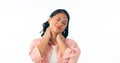 Neck pain, stress and woman in studio with anxiety, problem or burnout on white background. Anatomy, injury and face of