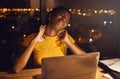 Neck pain, studying hard and work stress of a young female student working late for a test or exam. Stressed, tired and Royalty Free Stock Photo