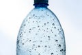 The neck of a plastic bottle with water drops inside, macro shot. Royalty Free Stock Photo