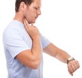 Neck pulse, watch and fitness man check heart rate time for workout progress, assessment or wellness test. Studio