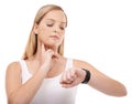 Neck pulse, watch and fitness woman check heart rate for exercise, physical assessment or wellness test. Studio