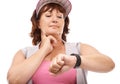 Neck pulse, watch and mature fitness woman check heart rate for workout, health assessment or cardio wellness test