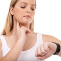 Neck pulse, watch and woman check heart rate for body care, physical assessment or wellness test. Studio smartwatch app