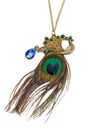 Necklace on a chain, blue stone and peacock feather.