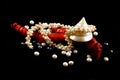 Necklace, coral, pearls and shells on a black background Royalty Free Stock Photo