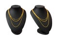 Necklace display stand with gold necklace isolated on white background. Part of top blank mannequin. Clipping path
