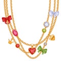 Necklace with golden chains, gemstones and bows.