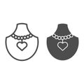 Necklace with heart on manikin line and glyph icon. Pendant with heart on mannequin vector illustration isolated on