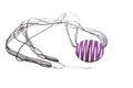 Necklace with purple round polymer clay pendant isolated on white background. Female accessories, decorative ornaments