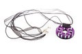 Necklace with purple round polymer clay pendant isolated on white background. Female accessories, decorative ornaments