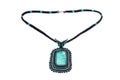 Necklace with square turquoise polymer clay pendant isolated on white background. Female accessories,