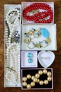 Necklaces, rings, earrings, pearls and gold in boxes