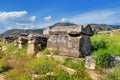 Necropolis, ancient Hierapolis cemetery, Pamukkale, Turkey. Nature landscape