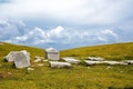 Necropolis of tombstones on Visocica mountain range under a  blue cloudy sky Royalty Free Stock Photo