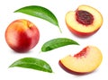 Nectarine fruit and half with leaf Royalty Free Stock Photo