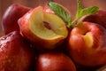 Nectarine. Ripe juicy organic nectarines in a wooden bowl.