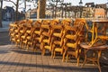 Nederland Maastricht. No one on the cafe terrace,Open air closed cafe with wicker stack chairs