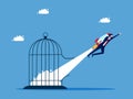 Need freedom and get out of the comfort zone. Businessman flies by rocket out of cage. business concept Royalty Free Stock Photo