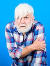 Need help. health care. sad old granpa. barber and hairdresser. male fashion. mature bearded man in white wig. Hairloss