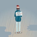 Need help. Sad man is standing in the rain.