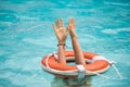 Need for helping hand. Life problems concept. Drowning person. Rescue swimming ring. Royalty Free Stock Photo