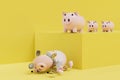 the need for money. a broken piggy bank with coins next to a shelf with whole piggy banks. 3D render