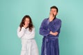 Need more sleep. Yawny couple in love blue background. Sexy woman and bearded man give yawn. Tiredness and fatigue. Yawn Royalty Free Stock Photo