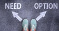 Need and option as different choices in life - pictured as words Need, option on a road to symbolize making decision and picking