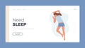 Need Sleep Landing Page Template. Young Woman Wear Pajama Sleep or Nap on Bally, Female Character Sleeping Pose Top View
