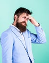 Need to think. Man disgusted doubtful face thinking. Have some doubts. Hipster bearded face not sure in something Royalty Free Stock Photo