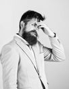 Need to think. Man disgusted doubtful face thinking. Have some doubts. Hipster bearded face not sure in something Royalty Free Stock Photo