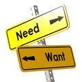 Need and want with yellow road sign