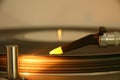 Needle and cartridge on a silver DJ turntable Royalty Free Stock Photo