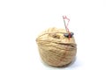 Needle eye on focus with red thread,  black button on hemp rope Royalty Free Stock Photo