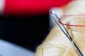 Needle eye with red thread on focus Royalty Free Stock Photo