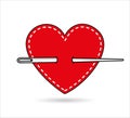 Needle goes through a red heart made of fabric on a white background, isolated object. Sign, a symbol of love Royalty Free Stock Photo