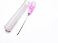 Needle isolated on white background. Medical syringe needle close-up view selective focus with copy space Royalty Free Stock Photo