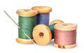 Needle and multicolored thread on wooden spool Royalty Free Stock Photo