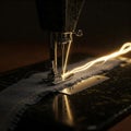 The needle of the sewing machine stitches the fabric with sparks of energy. Royalty Free Stock Photo
