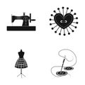 Needle and thread, sewing machine, pincushion, dummy for clothing. Sewing and equipment set collection icons in black