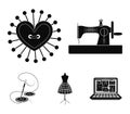 Needle and thread, sewing machine, pincushion, dummy for clothing. Sewing and equipment set collection icons in black