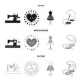 Needle and thread, sewing machine, pincushion, dummy for clothing. Sewing and equipment set collection icons in black