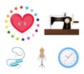 Needle and thread, sewing machine, pincushion, dummy for clothing. Sewing and equipment set collection icons in cartoon