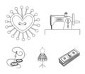 Needle and thread, sewing machine, pincushion, dummy for clothing. Sewing and equipment set collection icons in outline