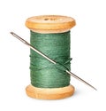 Needle and thread on wooden spool vertically Royalty Free Stock Photo