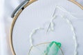 Needle threaded on fabric for hand embroidery Royalty Free Stock Photo
