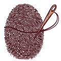A needle threads through a fingerprint, creating a unique blend of sewing and identity